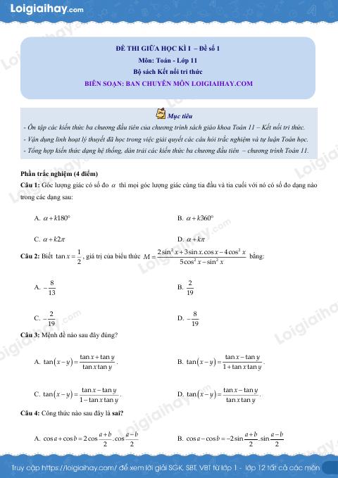 Đề thi giữa kì 1 Toán 11 Kết nối tri thức - Đề số 1